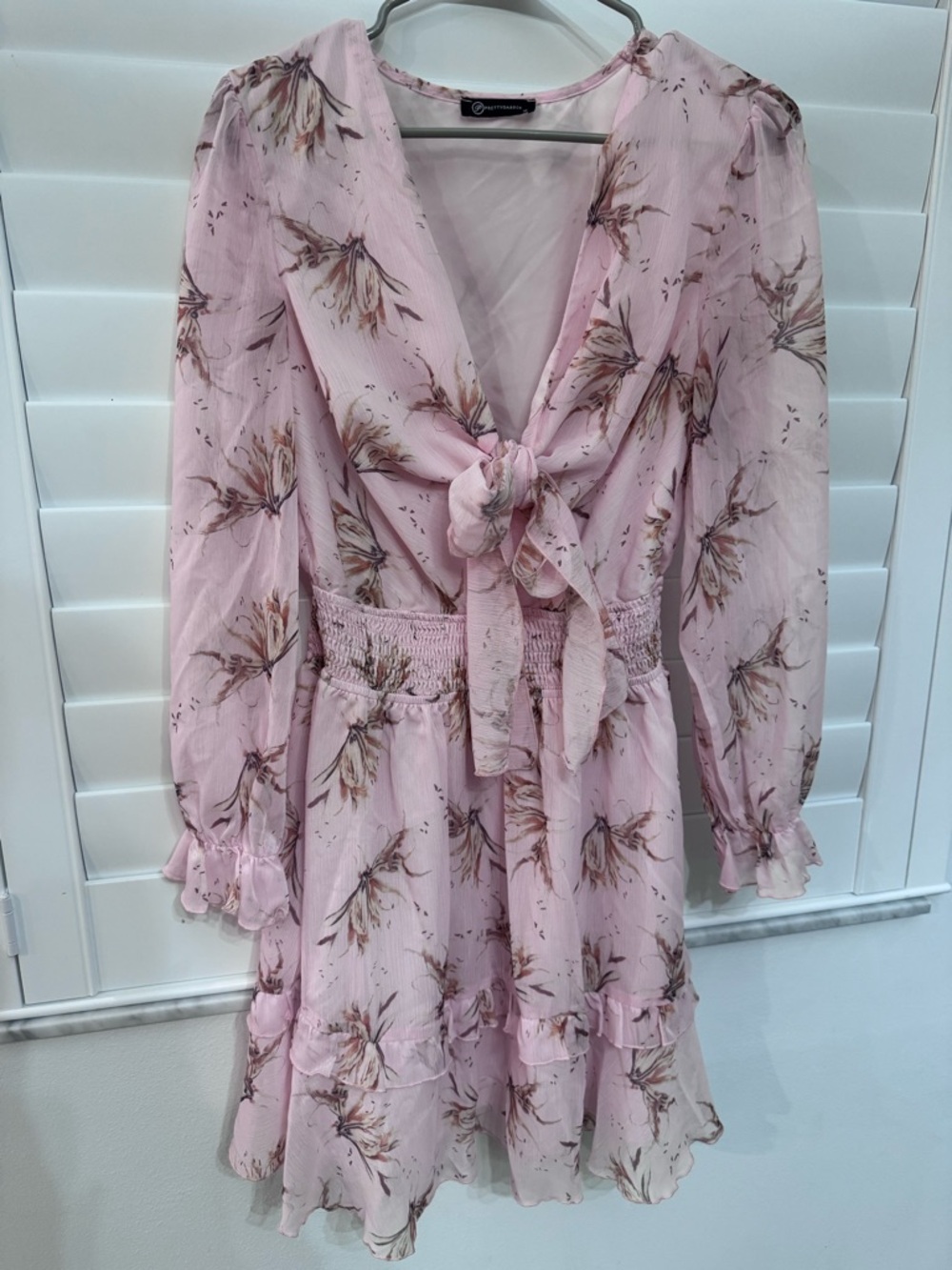 Tie-Front Pink Floral Ruffle Mini Dress - Picture 2 of 7